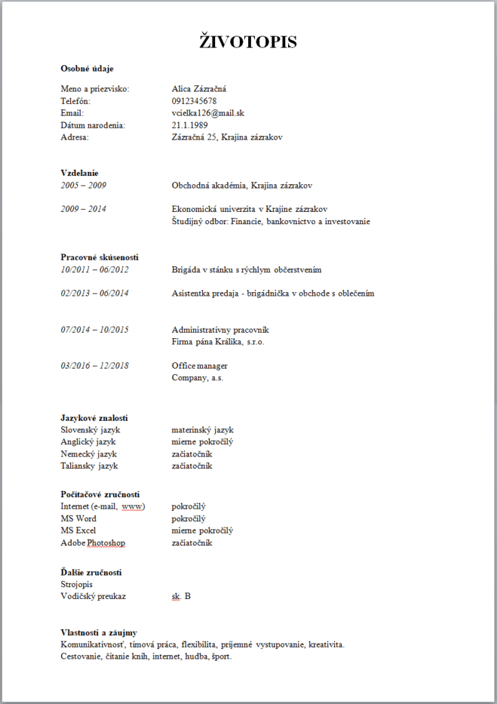 vzor klasického životopisu