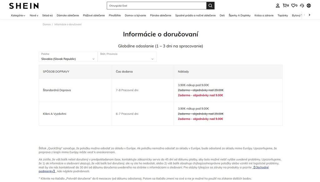 shein doprava slovensko